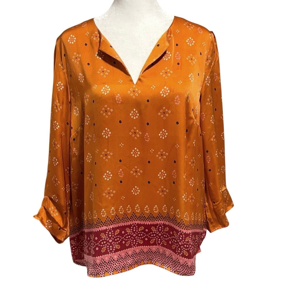 NEW DR2 Size L Popover Blouse Boho Pattern Silky Satin Office Workwear